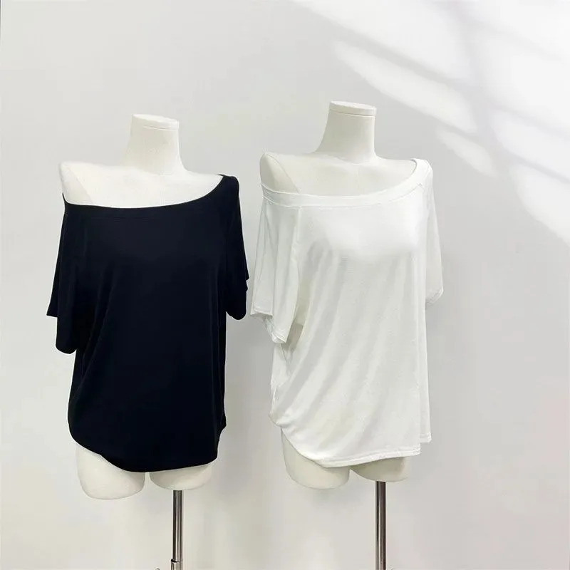 Women Off Shoulder Loose T Shirt Summer Lazy Style Casual Irregular Neck Short Sleeve Fashion Top
