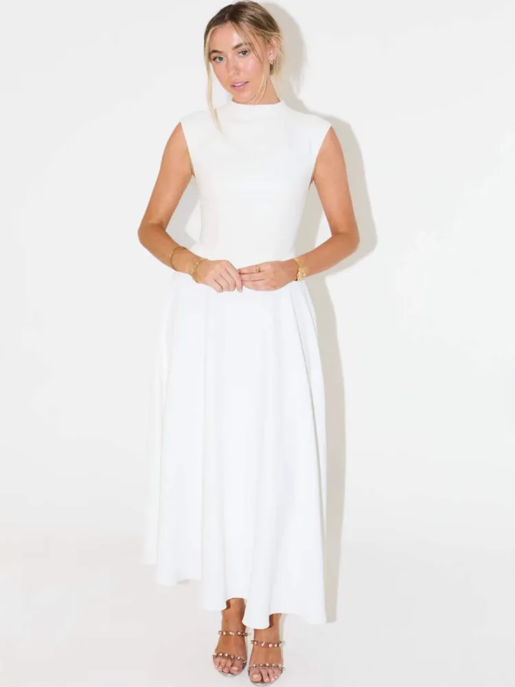 Mozision Mouwloze Hoge Taille Sexy Midi Jurk Voor Vrouwen Mode Elegante Effen Geplooide Club Party Lange Jurken Vrouwelijke Nieuw