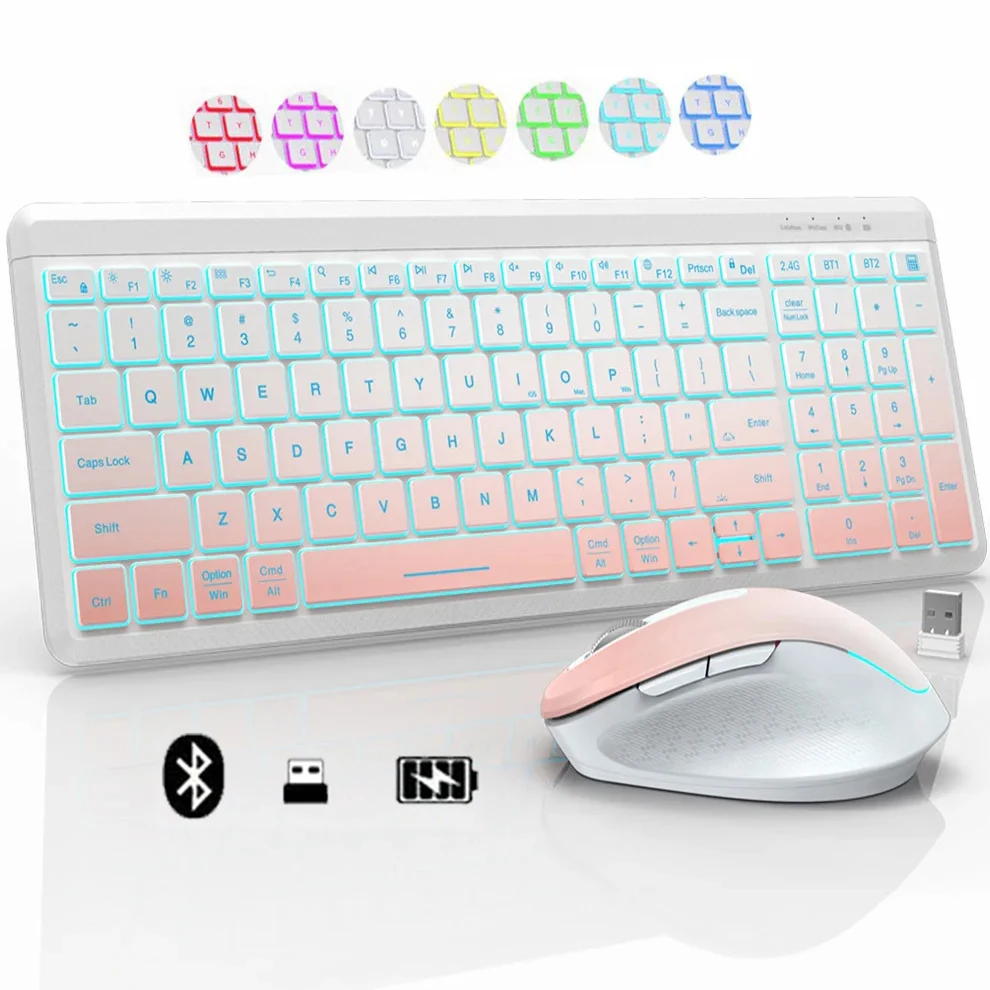 Wireless Keyboard and Mouse Combo 2.4G Dual Mode Rechargeable Multi-device Gradient Color with RGB Backlit for Mac/OS/Windows