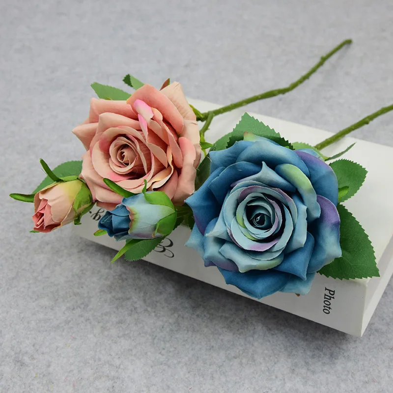 Artificial Silk Rose Flowers Big Flower Head with Bud Spring Autumn Home Wedding Decoration Fall Fake Flower Branch