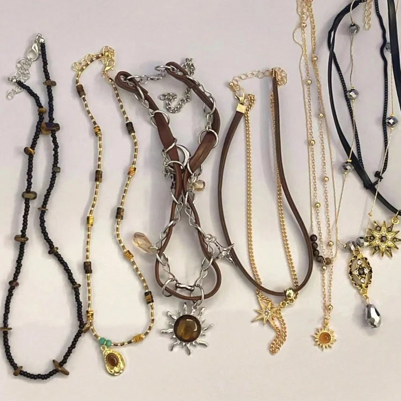 6Pcs Bohemian style necklace set, Sun Star pendant, leather rope necklace, vintage gold and silver necklace, women's jewelry
