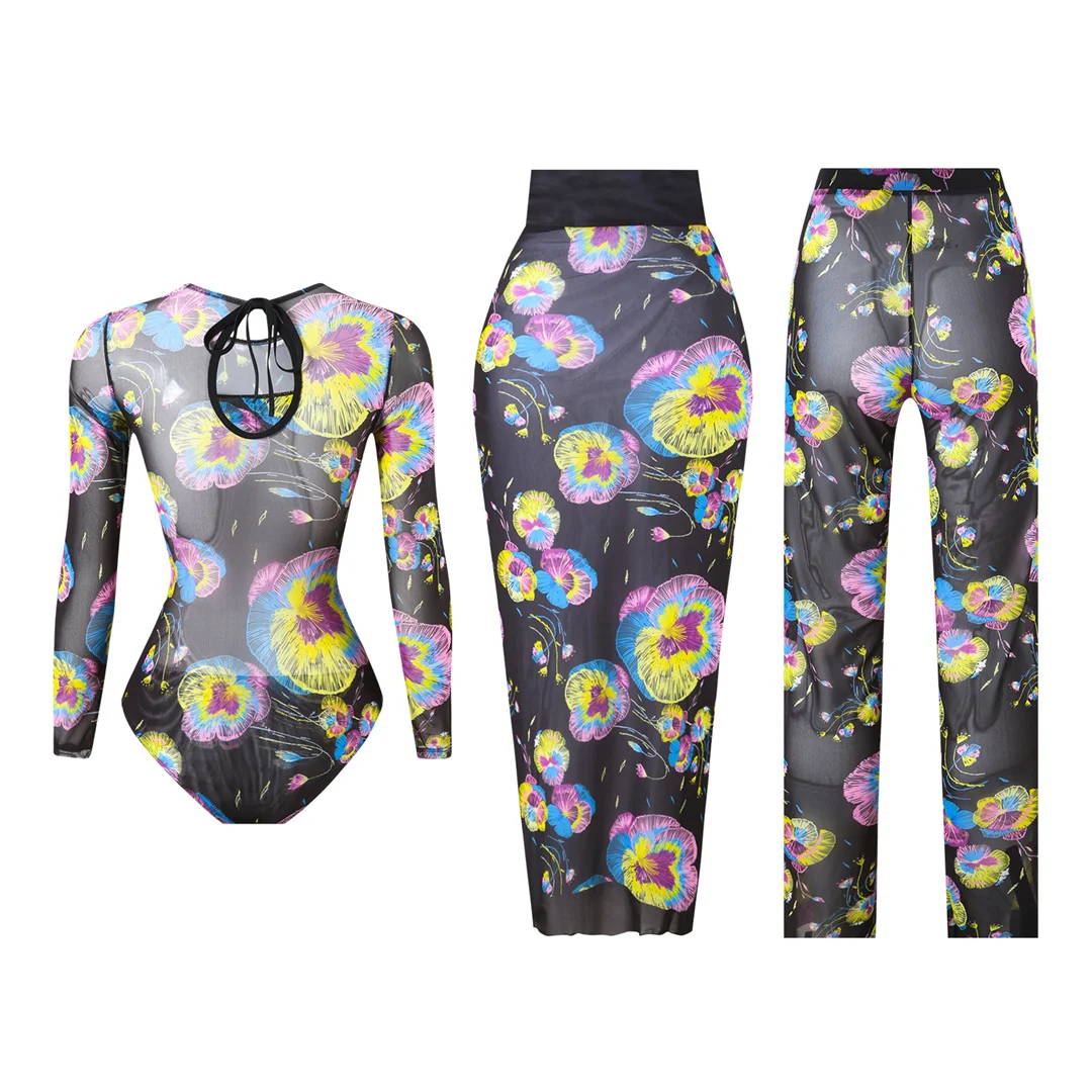 S - XXL 3-teiliges Set, neues, bedrucktes, langärmeliges Badeanzug-Set mit Hose, Sarong, Damen-Badebekleidung, einteiliger Badeanzug, Damen-Badeanzug, Badeanzug V7180 – Detail 19