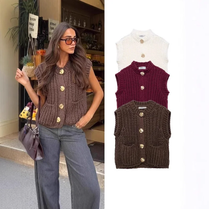 

2025Осенний новый женский модный повседневный короткий толстый вязаный жилет в европейском и американском стиле