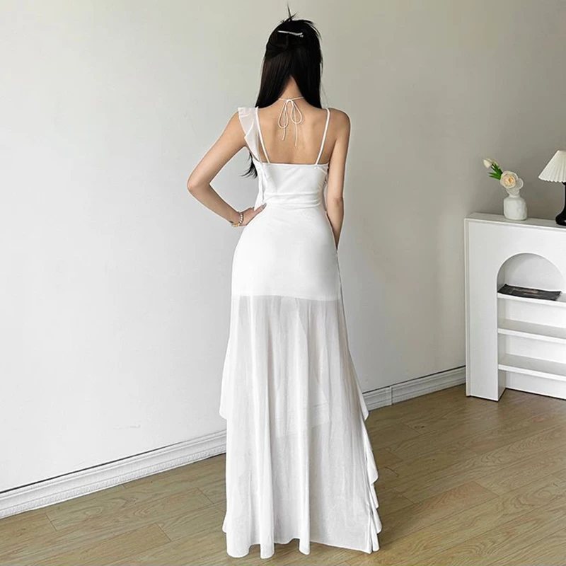 Y2K فستان كاميس مثير مكشكش موضة الصيف السباغيتي الأشرطة سليم ميدي فستان كوري الشارع الشهير شبكة المرقعة غير النظامية فيستدوس