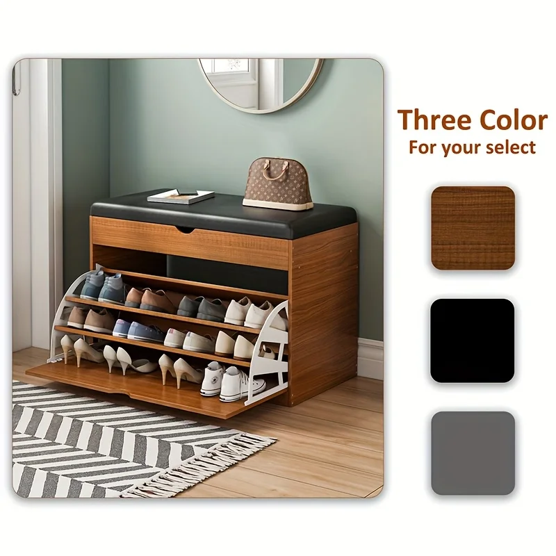 Wooden Shoe Bench with Storage | 3-Tier Shoe Rack, Cushioned Seat & Hidden Cabinet | Space-Saving Entryway Organizer for Home image 5