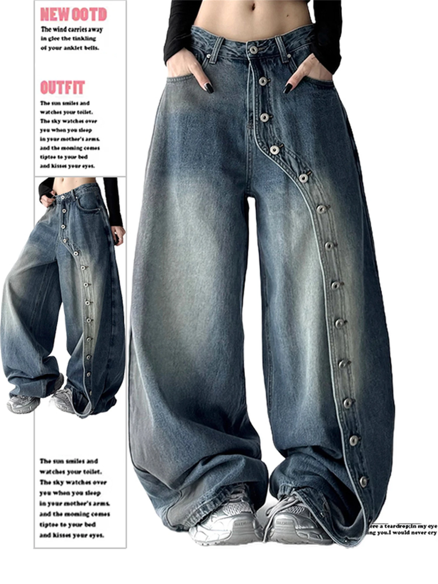 

Women's High Waist Wide Leg Light Blue Jeans Vintage Washed Asymmetric Button Detail Y2K Streetwear Denim Trousers