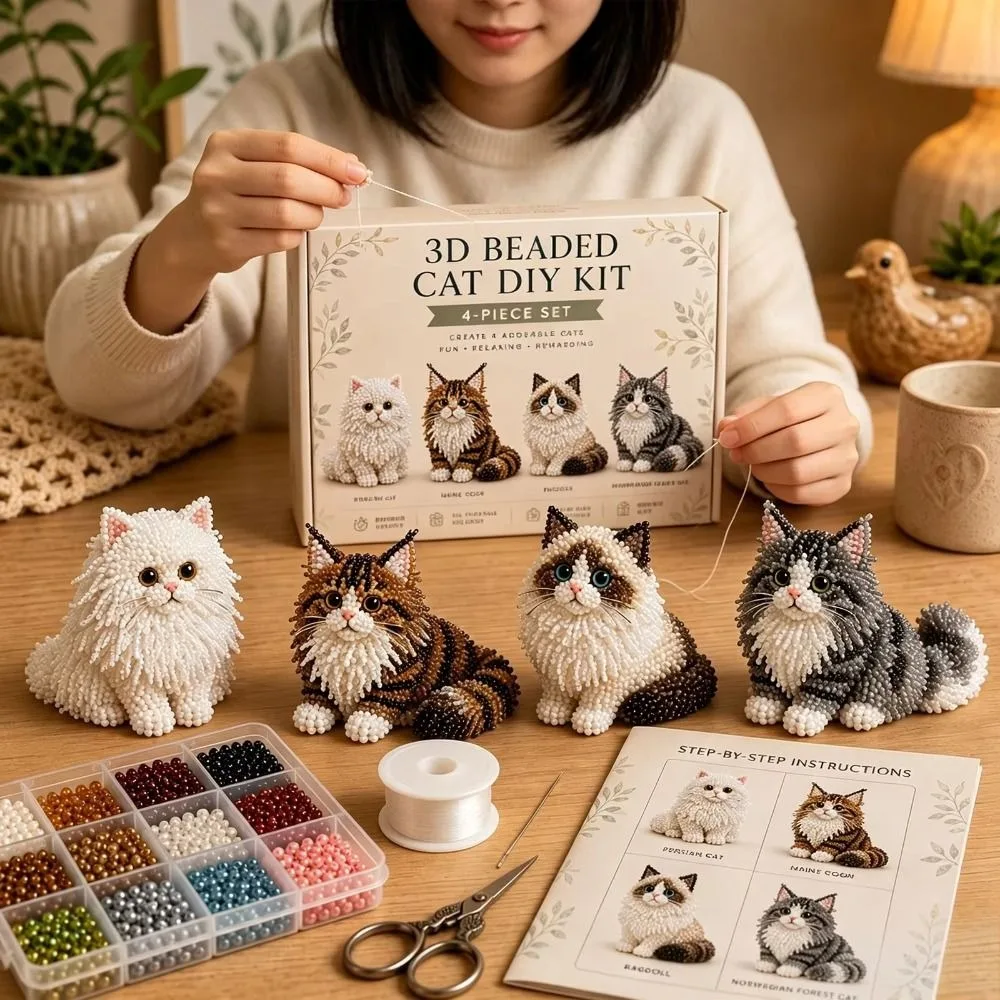 

Handmade DIY Animal Bead Embroidery Kit Tiny Mini 3D Bead Pet Keychain Making Kit Colorful Cat Animal Crafting Set Rainy Day