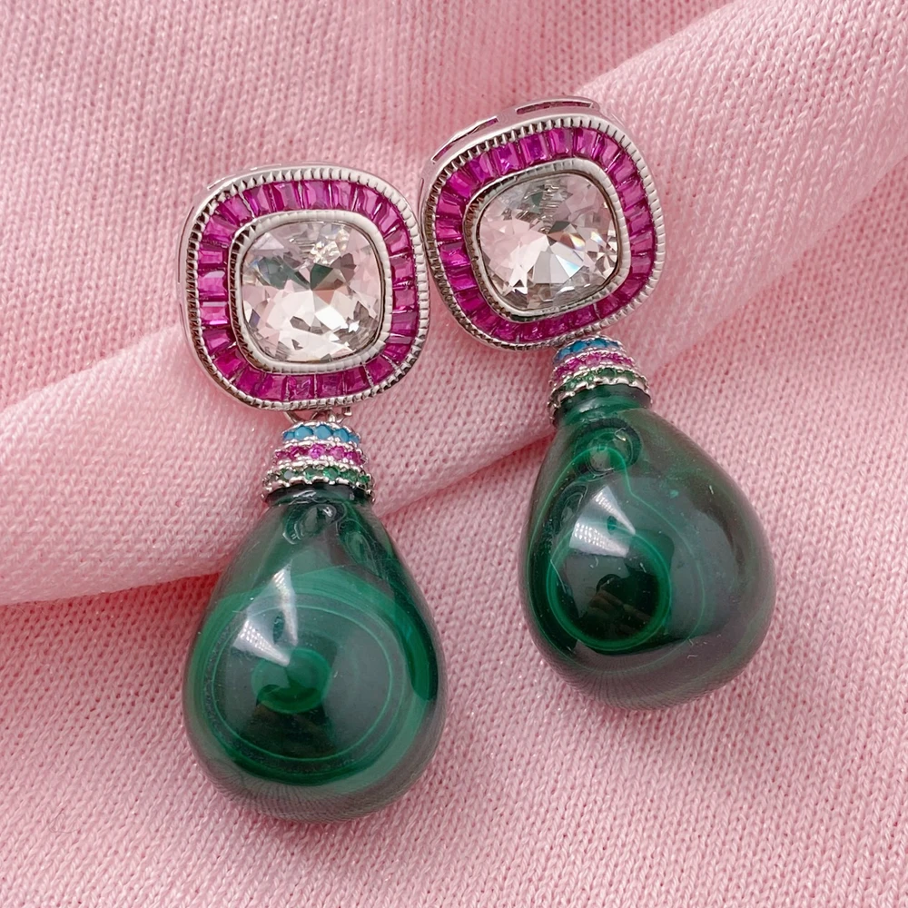 yygem 15x20mm Teardrop Natural Green Malachite Dangle Cz pave Stud Earrings Wedding Holiday Jewellery