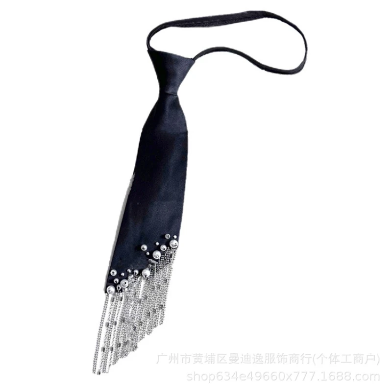 2025 New Heavy-Duty Tassel Tie for Women, Pearl Lazy Tie, No Need to Tie, Matching with Shirts, Black Tie, Trendy
