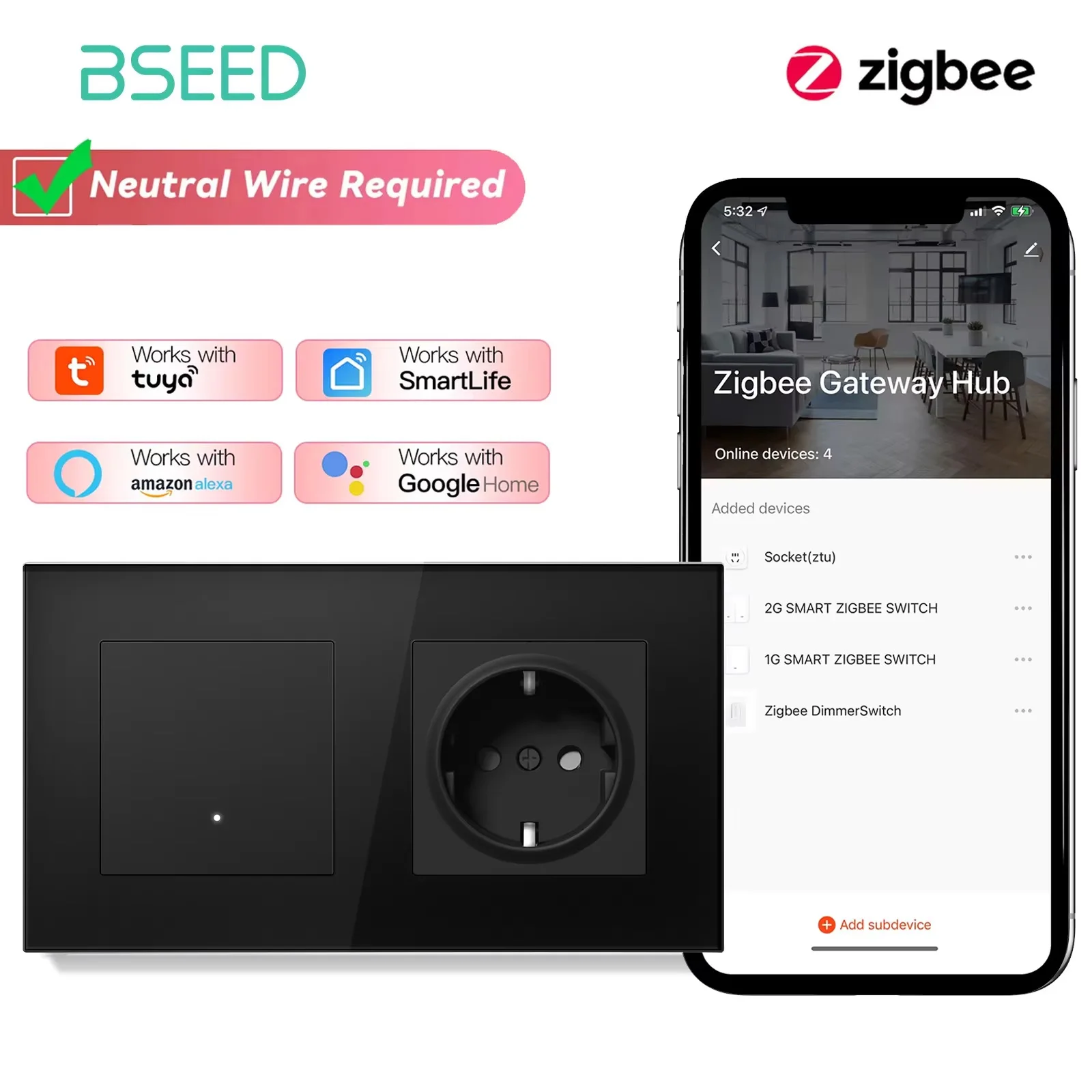 BSEED Zigbee 1/2/3Gang Smart Click Lichtschalter 1/2/3Way Tuya Smart Life Alexa kompatibel plus EU-Steckdosen Glasplatten 8