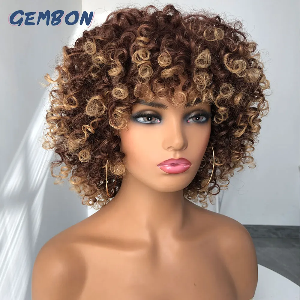 Short Hair Afro Kinky Curly Wig With Bangs Synthetic Wigs For Black Women Ombre Cosplay Blonde Mixed Brown Heat Resistant Hair