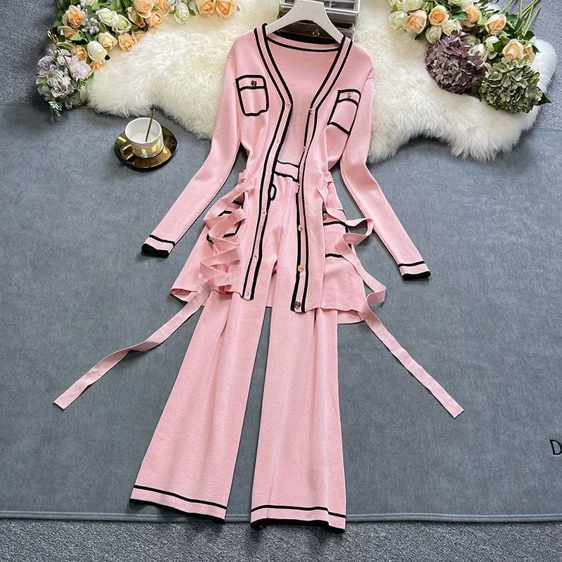 

Vintage Knitted Outfits Women Fall Winter Mid Length V-neck Cardigan 2 Piece Sets with Knitwear Wide Leg Pants Tracksuits N402