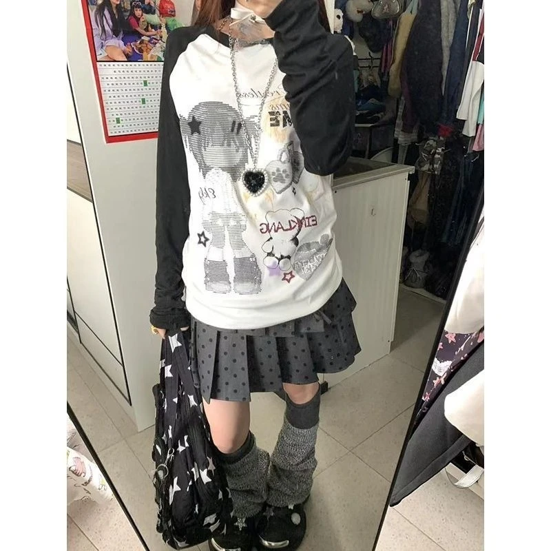 America Retro Long Sleeve T-shirt Casual Women Japnaese Kawaii Cute Style Y2K Subculture Vintage Tops Harajuku Autumn Clothing