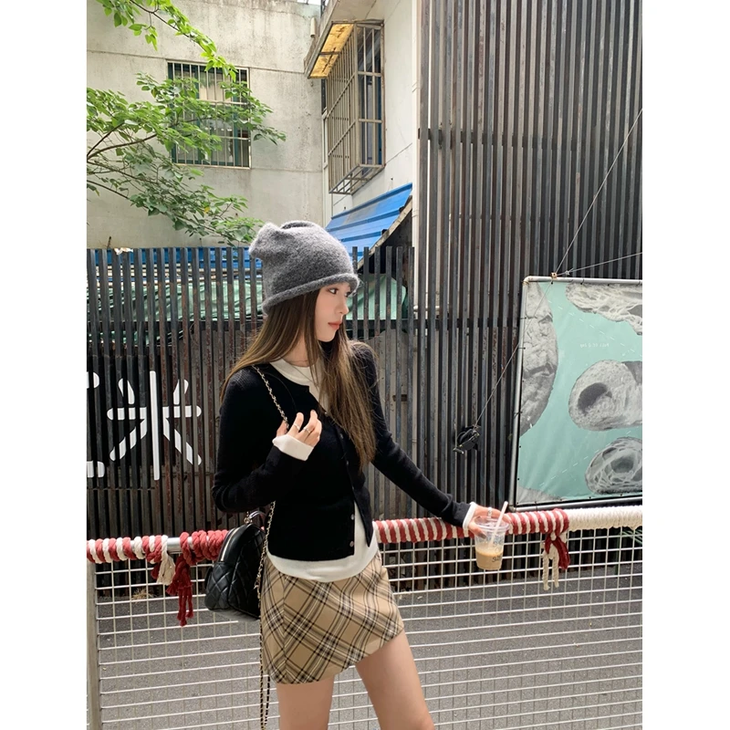 SALIENCY 2025 Damska Wiosenno-Letnia Moda Prosta Vintage Krata Codzienna Uniwersalna Dojazdy Do Pracy Spódniczka Mini A-line z Wysokim Stanem Mujer