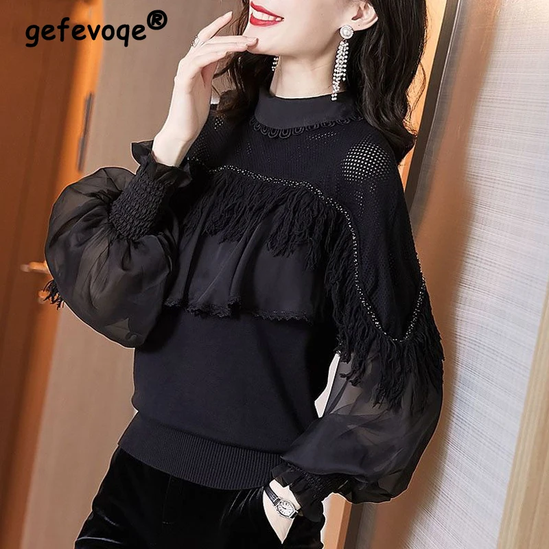 Women\'s Vintage Sexy Hollow Tassels Bright Silk Knit Patchwork Blouses Korean Fashion Elegant Ruffle Black Long Sleeve Slim Tops