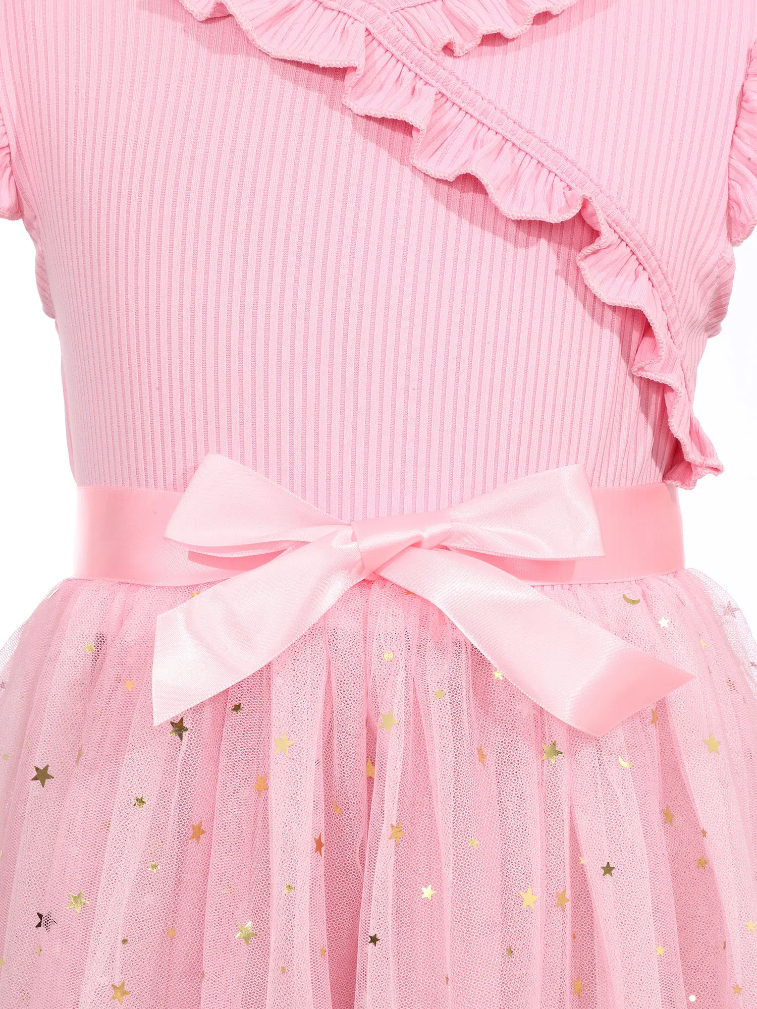 Kinder Mädchen Prinzessin Kleid Flatterärmel Rüschenbesatz Glänzende Pailletten Tüll Tutu Kleider für Hochzeit Geburtstag Party Dancewear