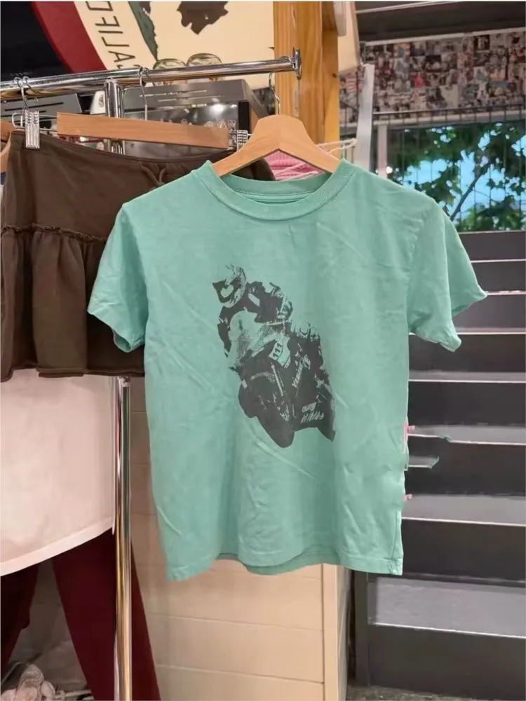 Mint Green Motorcycle Print T-shirts Women Streetwear Cotton O-neck Short Sleeve Tees American Vintage Preppy Style T Shirt Y2K