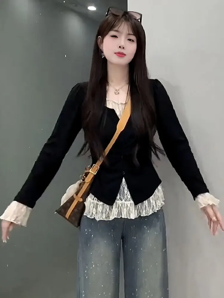 plus Size Lace Splice Fake Two-Piece Long Sleeve T-Shirt Women Early Autumn Meat Conceal Slimming Anti-Aging Small Shirt Top