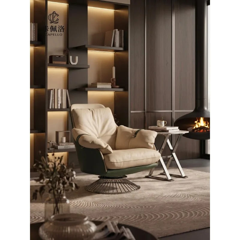 Minimalist flat-floor villa living room leather rotating leisure chair, sofa chair