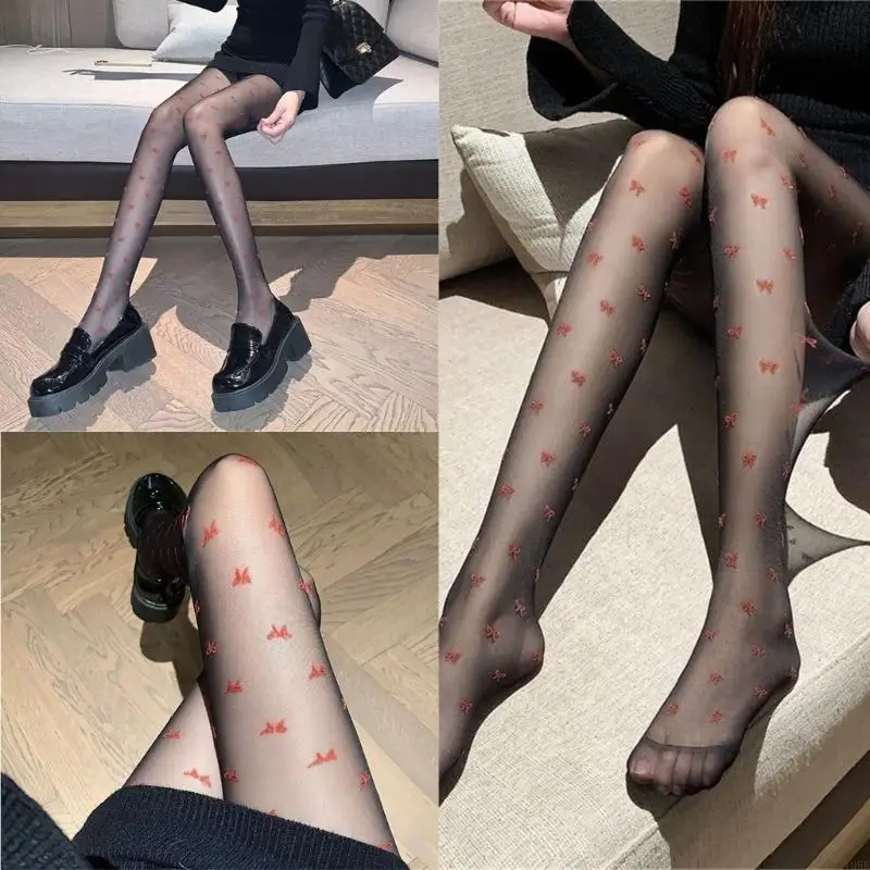 195E Women Sweet Little Red Bows Pattern Black Silk Stocking Thin Vintage Sheer Pantyhose Female Elastic Nylon Tights Hosiery
