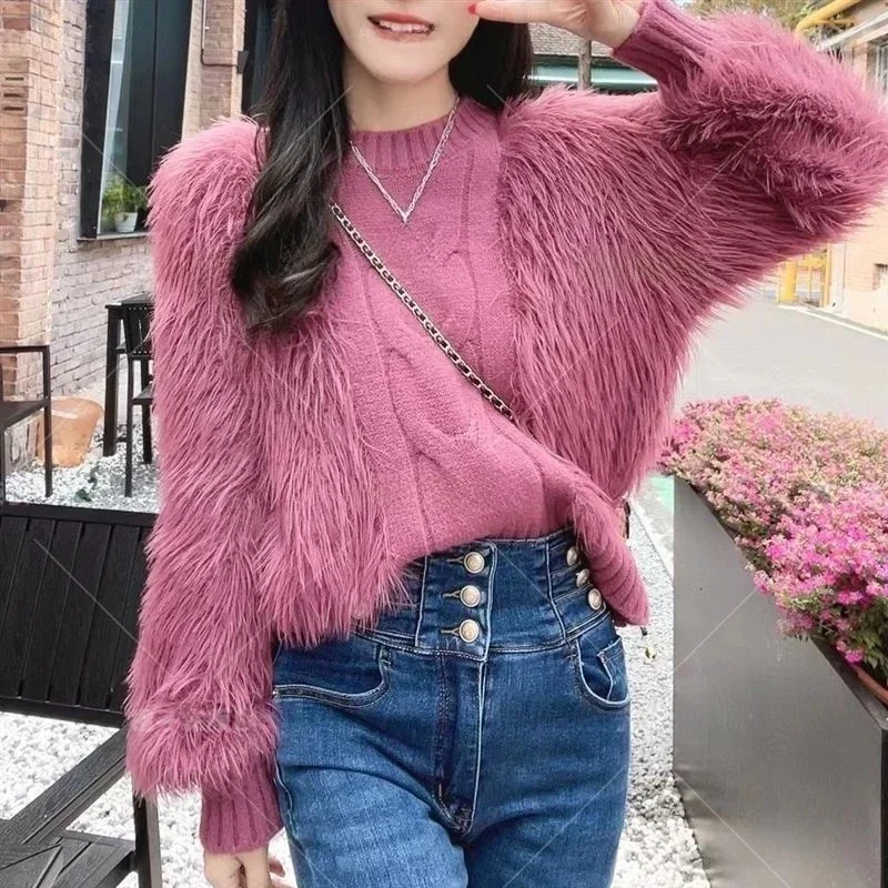 Long Sleeve Mid-Length Knitwear Autumn Winter New Arrival Elegant Commu Fashionable Patchwork Plush Sweater Women's Loose Fit