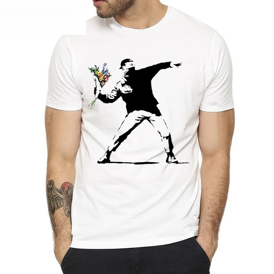 Women Summer Unisex Short Sleeves O-Neck Hipster T-shirt Casual Clothes Men Flower Thrower Banksy Panda Guns Urban Art T-shirt