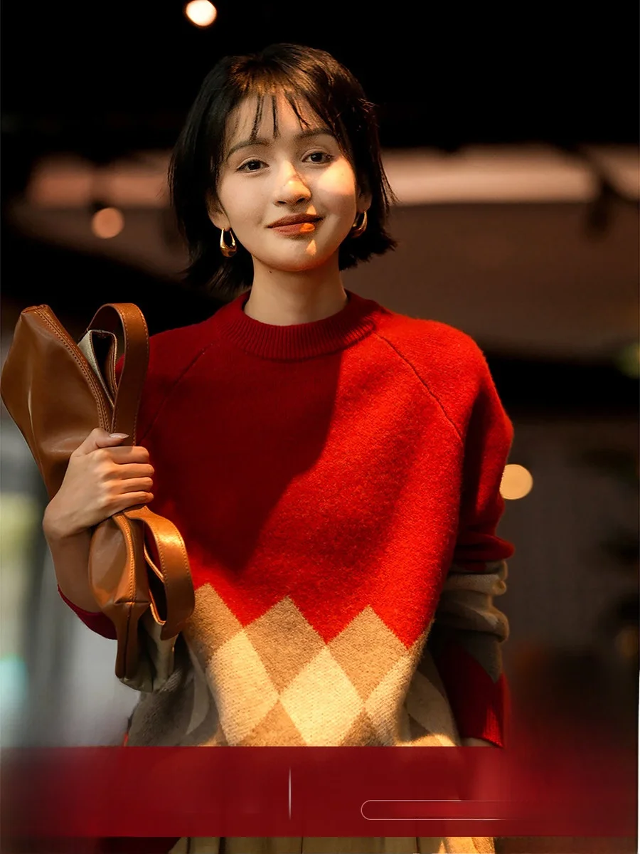 

Вязаный шерстяной свитер XiaoHanGe Cheery Red с круглым вырезом и ромбовидным узором, модный, осенне-зимний, женский, мягкий, теплый трикотаж