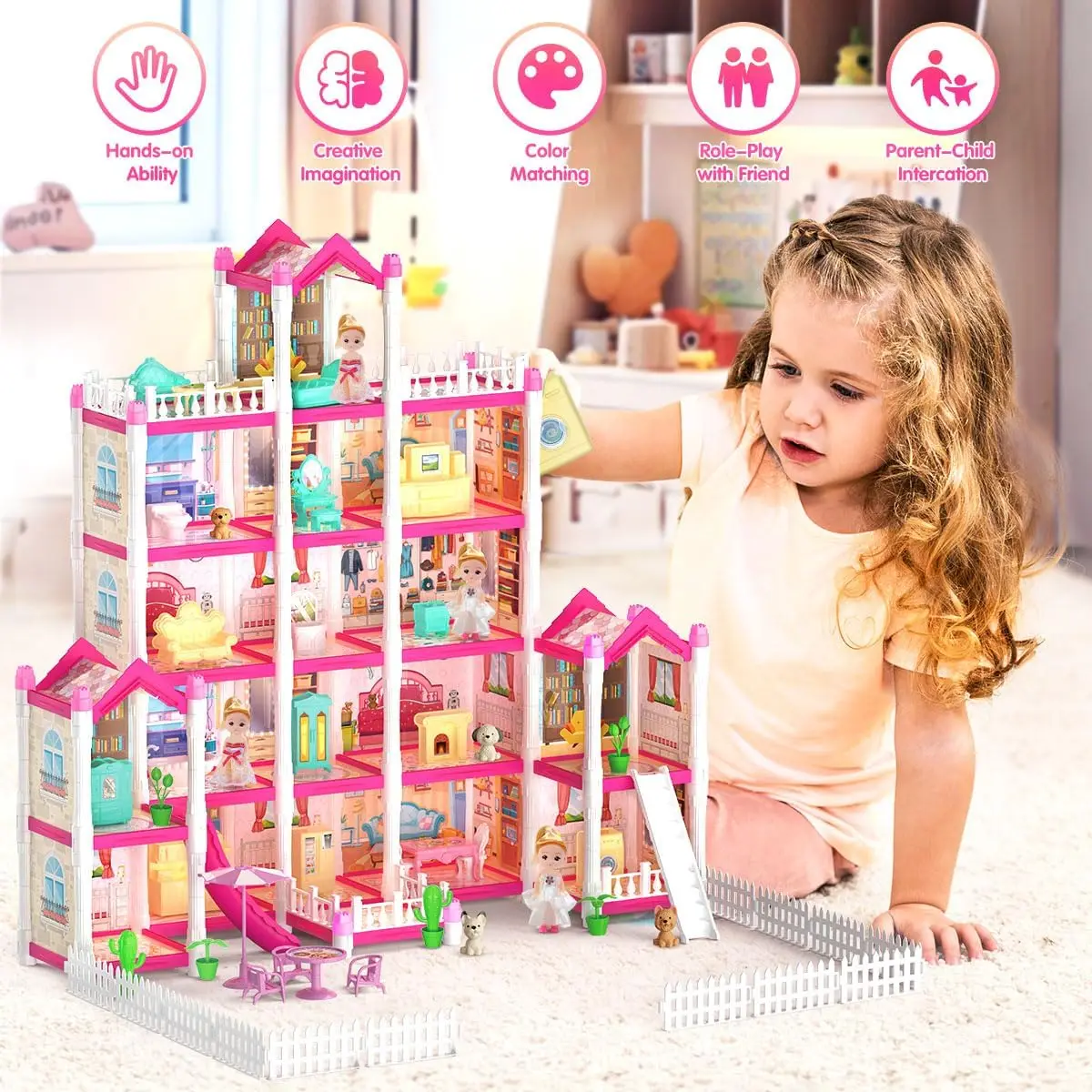 VATOS Pink Dollhouse for Girls 5 Story 17 Rooms Luxury DIY Play Light-up Building House Dolls Toy Dream Christmas Birthday Gifts