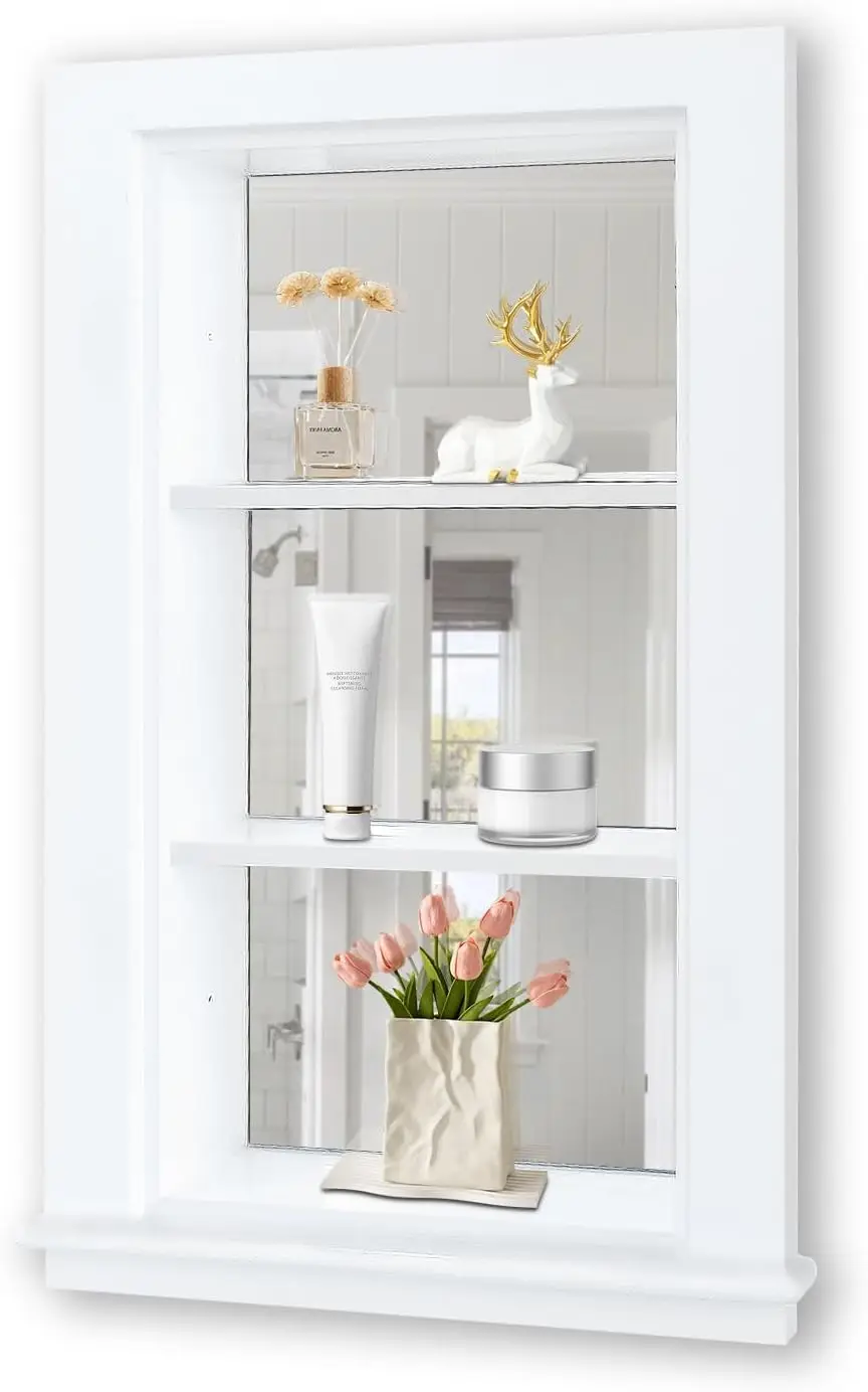 14 x 24 Recessed Medicine Cabinet, White Bathroom Wall Cabinet, 3-Tier Wall Niche with Mirror, for Bathroom Storage