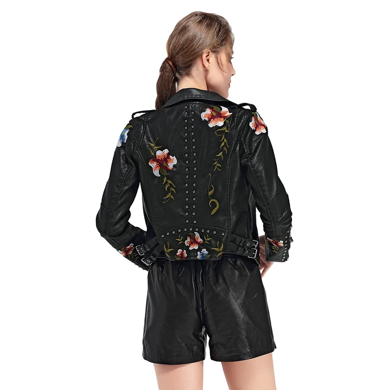 Fitaylor Women Faux PU Leather Jacket Lady High Street Motorcycle Leather Jacket Casual Floral Embroidery Rivet Coat