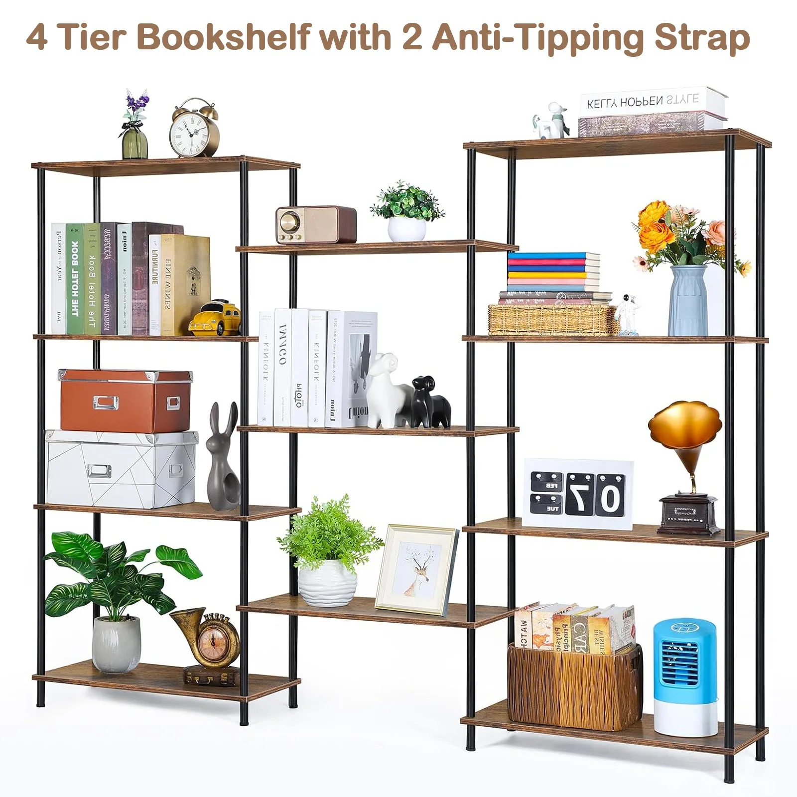 

Triple Wide 4 Tier Bookshelf, Industrial Style Bookcases with 11 Open Display Shelves, Open Large Storage Bookshelves Shelving