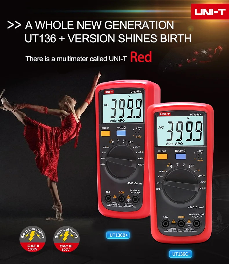 UNI-T UT136B + UT136C + Plus multimetro digitale 1000V 10A spegnimento automatico AC DC tensione corrente Ohm Test di temperatura del misuratore di