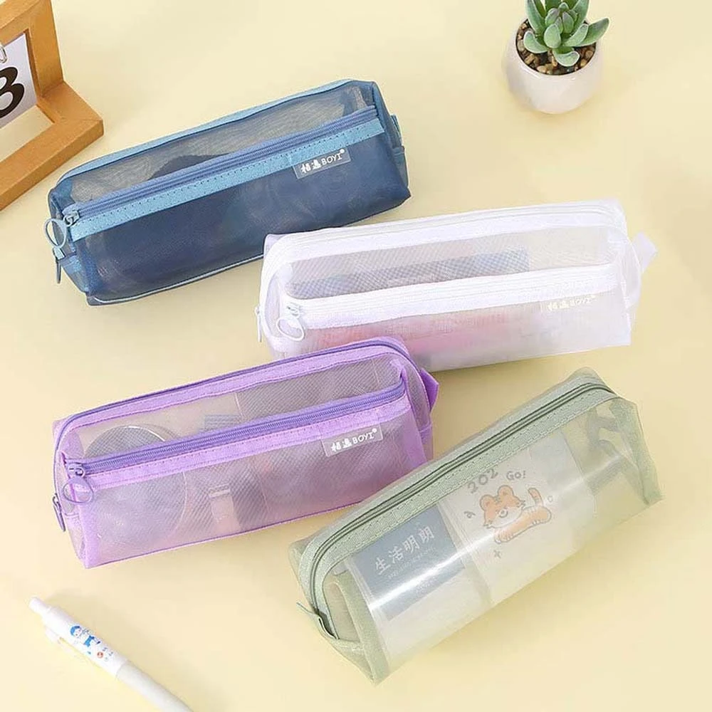 Simple Stationery Double Mesh Pencil Bag Pen Box Coin Purse Mesh Zipper Case Transparent Mesh Zipper Pouch School Supply