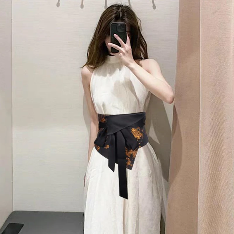Women's Jacquard Dragon Fabric Embroidered Silk Waist Cincher Wide Waistband Hanfu Belt For Dresses Vintage National Accessory