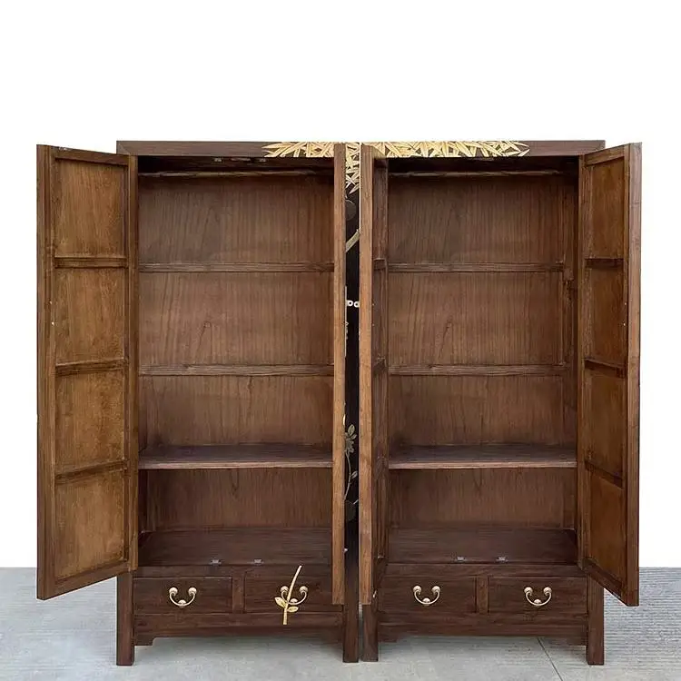 New Chinese-style painted gold-painted storage cabinet, national style bedroom wardrobe, elm classical solid wood furniture