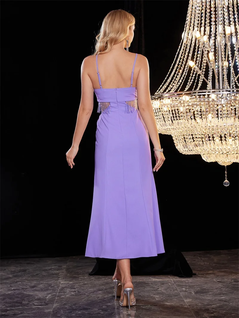 Tassels Uncovered Waist Women Prom Dress High Split Deep-V Neck Party Gown Purple Backless Women Long Dress New Arrival In Stock