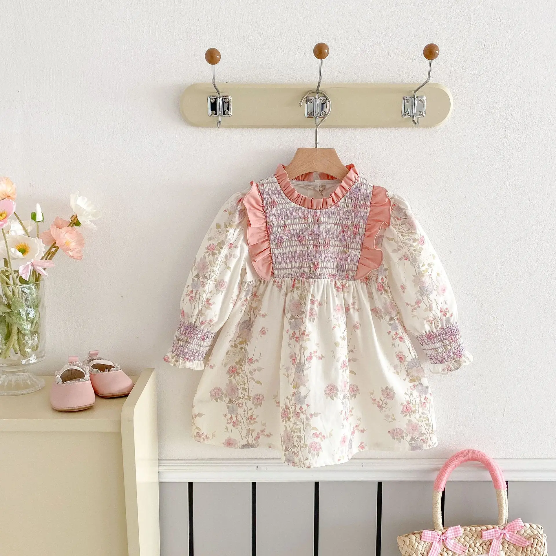 2025 Spring New Girls Dress French Stand-up Collar Cable Korean Floral Children's Treasure Lace Princess Dress Sweet