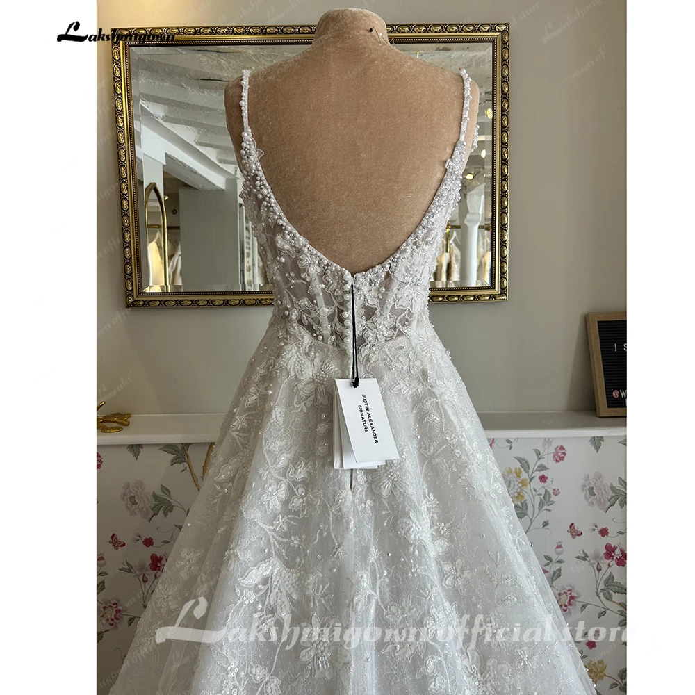 Lakshmigown Perlen Spitze Boho Strand Hochzeitskleider 2027 Vestidos Lange Brautkleider V-Ausschnitt Spaghettiträger Maßanfertigung – Detail 8