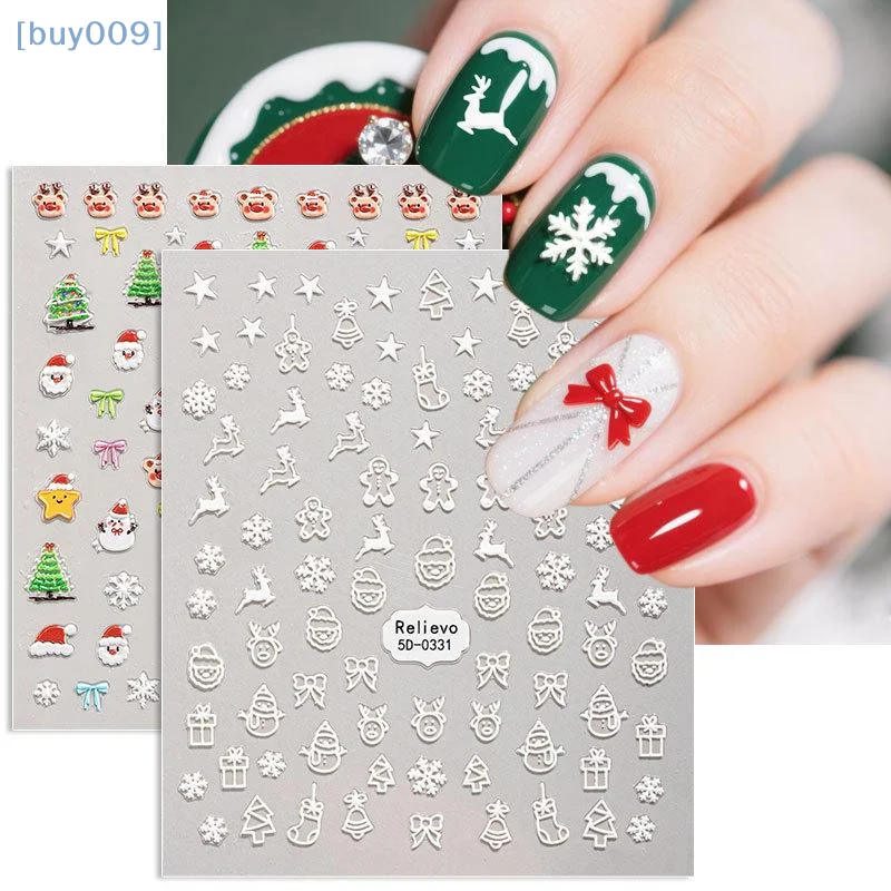 【buy009】 1 Uds. Pegatinas 5D para uñas con forma de copo de nieve y hombre de jengibre, pegatinas autoadhesivas para uñas con pastel de pino de Navidad, suministros DIY para invierno