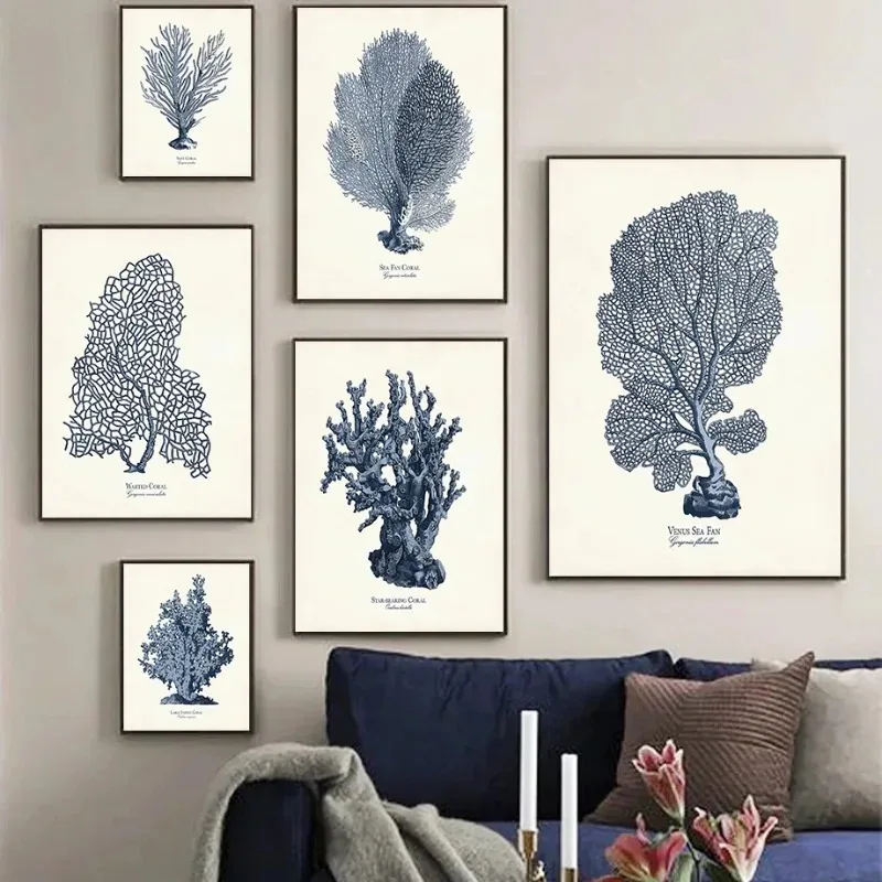 Navy Blue Indigo Sea Coral Sea Life Beach Coastal Vintage Nautical Wall Art Posters Prints Canvas Painting for Room Home Decor