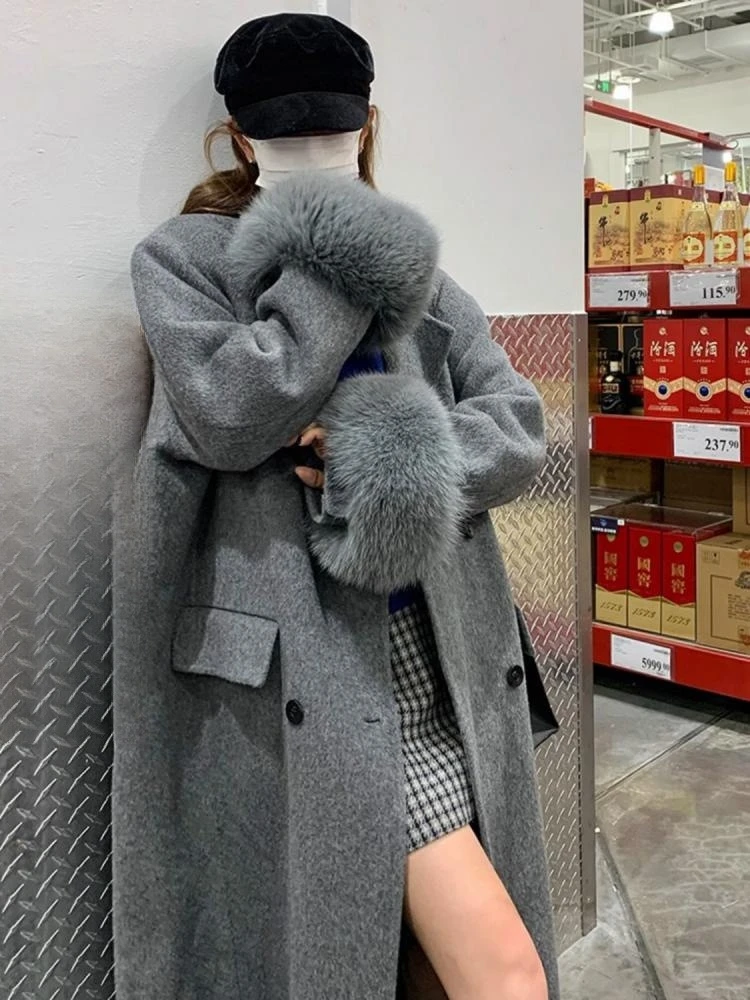 Fox Fur Sleeve Office Lady Wool Jackets 2024 Autumn And Winter Suit Collar Double Breasted Loose Long Women's Wool Coats