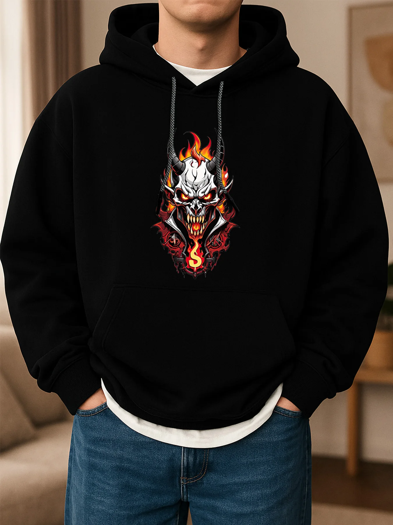 سويت شيرت بغطاء للرأس بطباعة شبح للرجال بأكمام طويلة، سترة صوفية عصرية للربيع والخريف، ملابس رياضية كاجوال مع جيوب