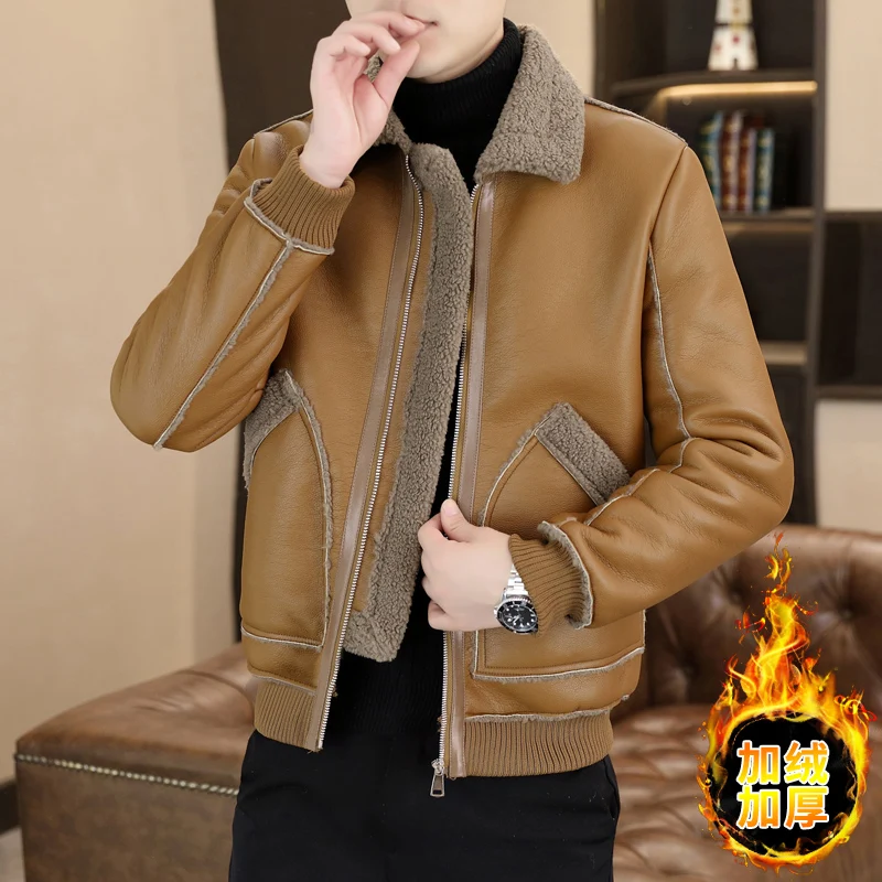 Winter Leather and Fur Integrated Jacket for Men Thickened and Warm Casual Leather Jacket Fashion Windproof Motorcycle Coat 2023