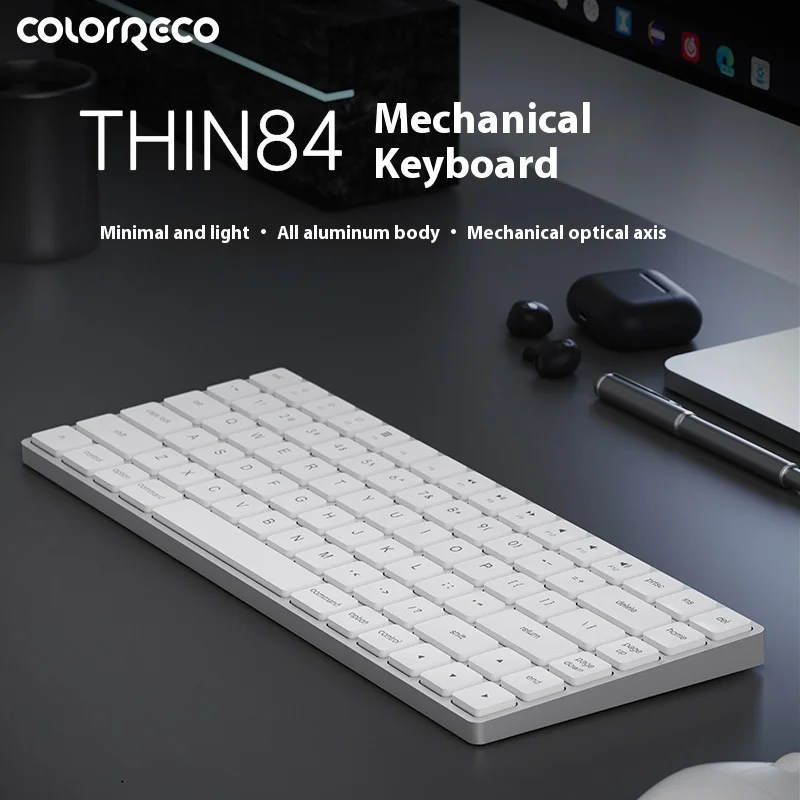 ColorReco Thin84 poros Mini mekanis nirkabel, Keyboard poros optik ramping Mode ganda RGB Bluetooth tipe-c Mac Office Keyboard