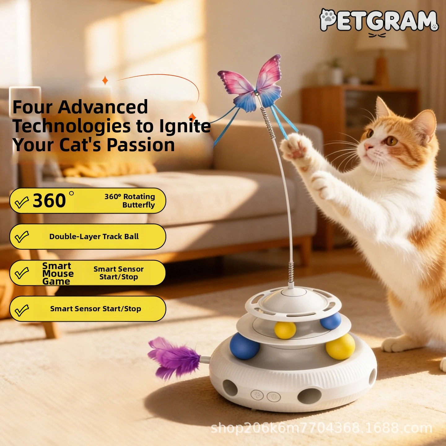 

3-in-1 Smart Interactive Cat Toy: Automatic Rotating Butterfly, 2-Tier Track Ball & Hide-and-Seek Feather for Indoor Cats