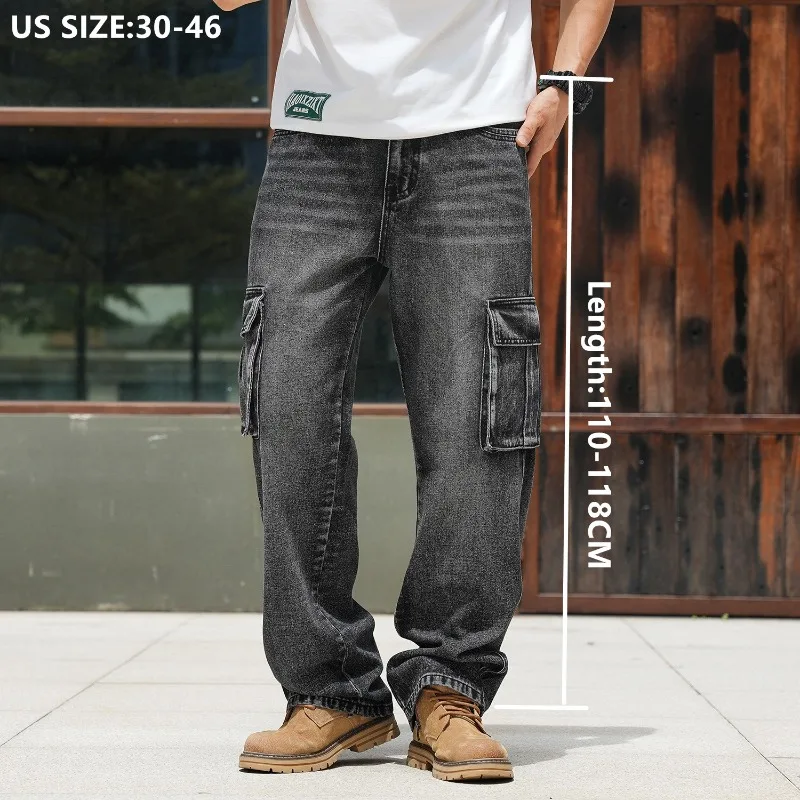 American Cargo Jeans Men Tall Guy Extra Long Loose wide Leg Plus Size 44 46 Multi Pockets Y2K Streetwear High Street Denim Pants