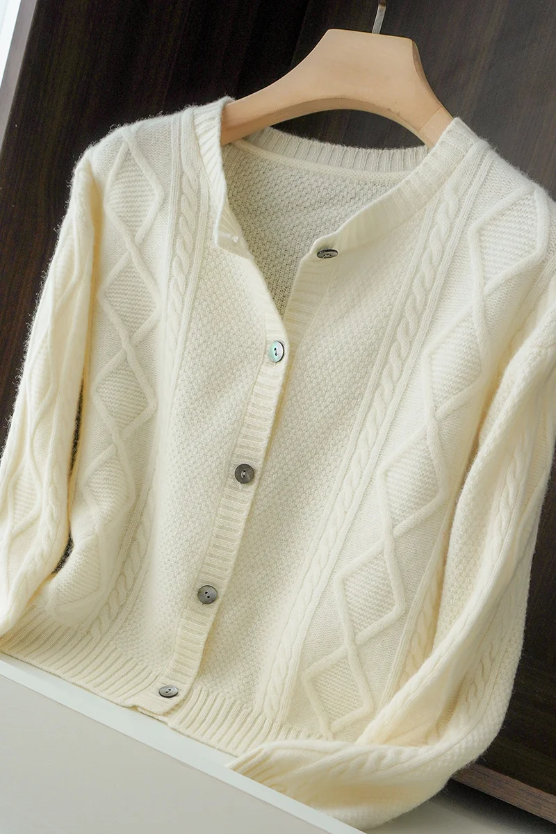 

Women 100% Merino Wool Fashion Solid Color Button V-neck Cardigan Cashmere Soft Long Sleeve Minimalish Basic Clothing Tops