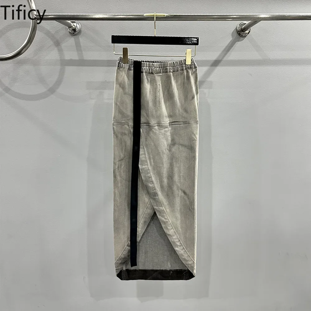 TIFICY Women's | 2024 Spring/Summer Stone Grey Washed and Worn Denim Long Back Split Split Wrap Hip Long Dress Fashionable