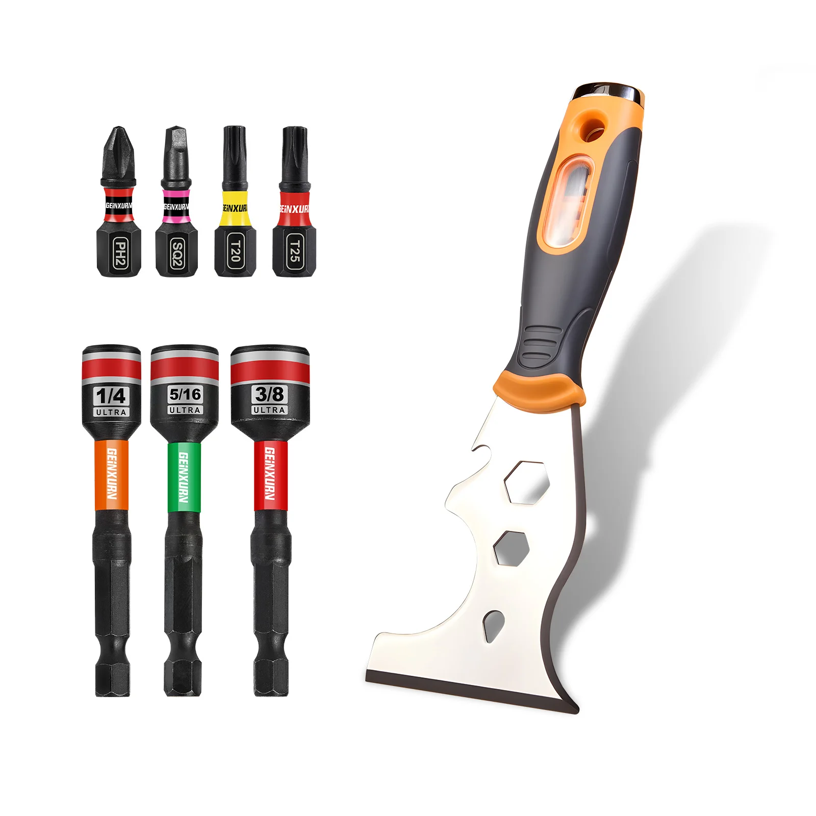 Geinxurn 19-in-1 Multi-Function Scraper,Magnetic S2 Steel Bits and Impact SAE Nut Driver Bits Set for Home Repair & DIY Projects
