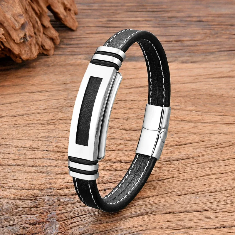 Hollow stainless steel bracelet men, jewelry accessories, high quality, black braided leather rope, hop style, new, 2024